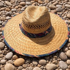 Wide-Brim Straw Sun Hat with Colorful Trim UPF 50+